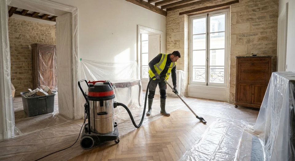 Photographie d'un intérieur de maison en rénovation montrant un espace de travail propre et organisé avec des protections plastiques sur les sols et mobilier, des gravats conteneurisés, et un ouvrier en tenue de chantier effectuant le nettoyage quotidien avec un balai ou aspirateur, démontrant l'exigence de propreté sur un chantier bâtiment actif.