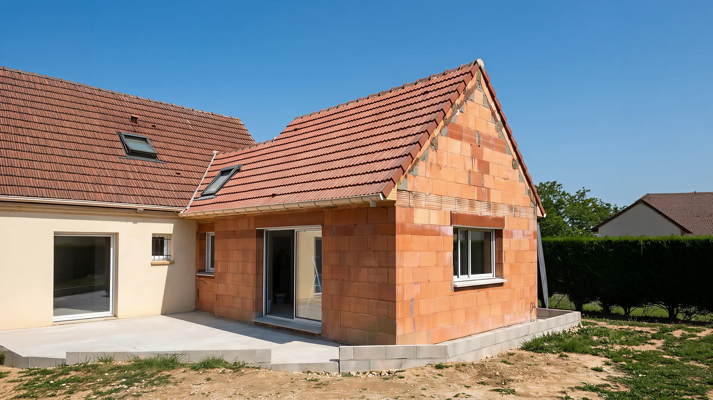 Chantier extérieur avec ouvrier en salopette bleue lissant une dalle de béton fraîchement coulée à l'aide d'une taloche